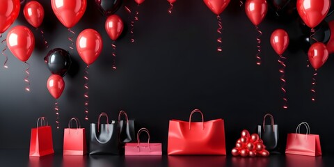 Black glossy background with balloons and shopping bags, luxury minimal composition. Black Friday