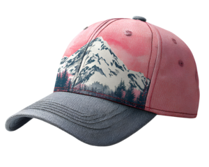 pink and gray baseball cap with a mountain design on the front