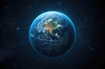 Obraz premium Blue terrestrial exoplanet resembling Earth in the cosmos, stunning extraterrestrial world, 3D cosmic backdrop.