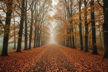 Fototapeta premium A foggy woodland trail bordered by tall trees adorned in fall hues, with a straight lane covered in golden leaves forming a cozy walkway.