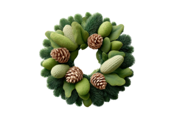 Festive green wreath with pine cones and seasonal foliage on black background, cut out