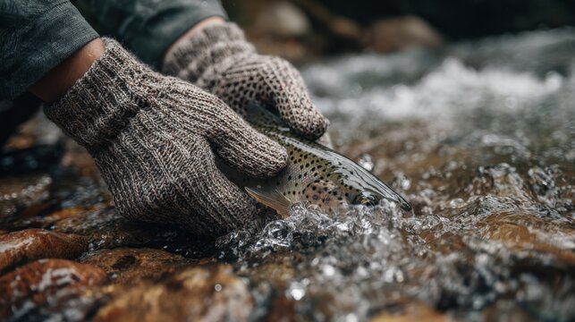Catch and release fishing in river stream with knit gloves,World Fisheries Day