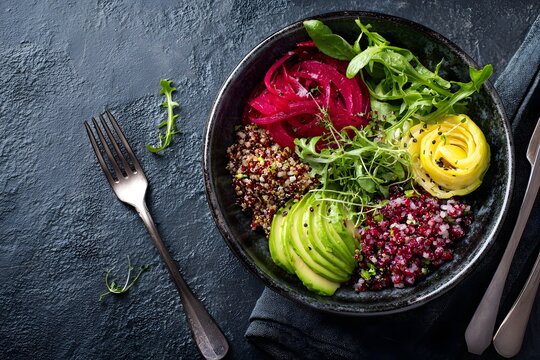 Healthy vegan Buddha bowl with avocado, quinoa, greens, and colorful vegetables, perfect for clean eating and plant-based lifestyle.