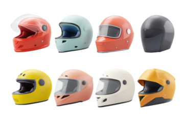 Collection of colorful vintage motorcycle helmets in various styles and designs, cut out