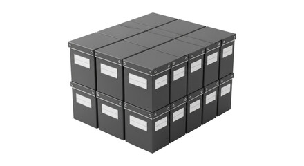 Compact, meticulously stacked deep charcoal gray archive boxes with crisp white labels, smooth recycled fiberboard, on a transparent background with copy space, concept of organized information