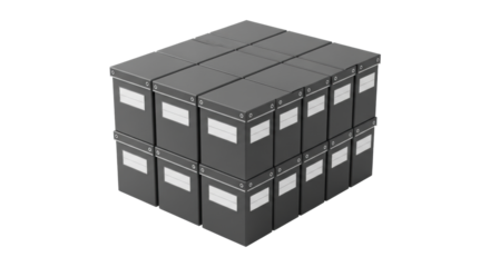 Compact, meticulously stacked deep charcoal gray archive boxes with crisp white labels, smooth recycled fiberboard, on a transparent background with copy space, concept of organized information