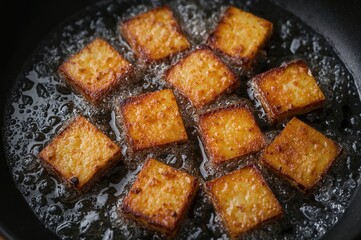 Crispy golden tempeh pieces sizzling in a skillet with bubbling oil, showcasing a classic plant-based dish from Southeast Asia