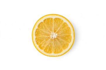 Overhead shot of a halved yellow lemon along with a slice and a quarter piece arranged on a white backdrop with clipping path.