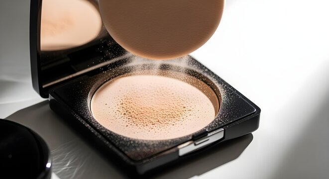 Top view of compact powder with makeup sponge mid-tap, powder dust visible.