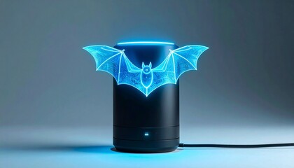 3D LED illusion lamp of a glowing blue bat with wings spread, etched on acrylic and lit from black base with ambient tech aesthetic.
