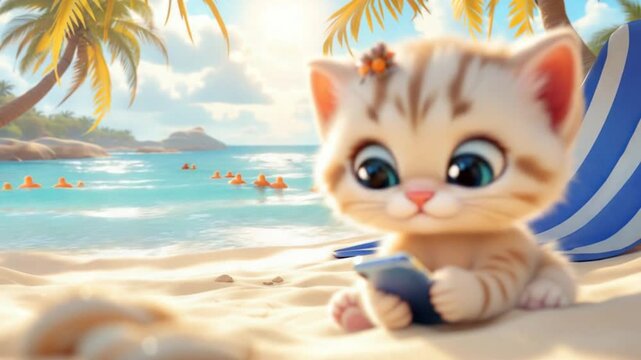 Cute cat using phone beach
