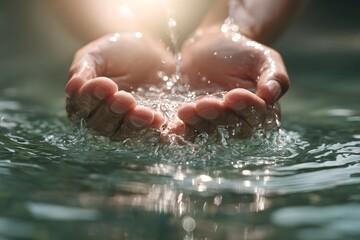 Fototapeta premium Close-up of human hands holding flowing water, symbolizing purity, life, nature, and sustainability. Perfect for ecology, environment, and health concepts.