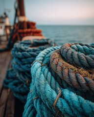 Fototapeta premium Nautical scene at sunset with coiled ropes on dockside for marine decor ,World Fisheries Day