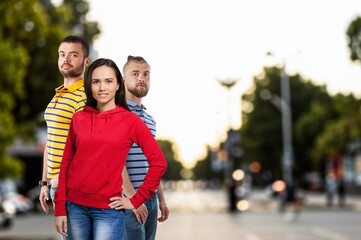 Obraz premium Happy cheerful friends young men walk outdoor