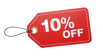 Red ten percent off tag isolated on transparent background for promotion concept