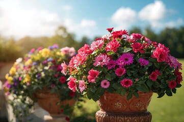 Fototapeta premium Bright and colorful potted flowers thriving in the summer sunshine
