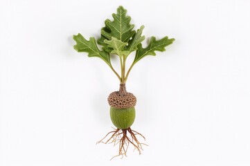 Young oak sapling with roots and leaves against a plain backdrop. Acorn seedling featuring roots and foliage. High-definition image of an oak sprout isolated on a white background.