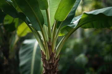 Obraz premium The banana tree is a widely found tropical species, featuring large green foliage and a stem made up of layered leaf bases.