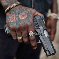 Close up of a black man’s hand with jewelry and tattoos holding a black pistol gun