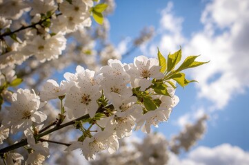 Obraz premium White blossoms blooming on tree branches under a clear blue sky