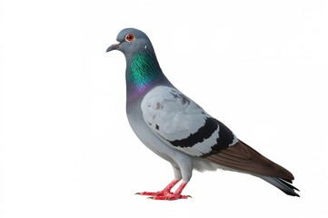 Obraz premium Isolated Racing Pigeon (Columba livia domestica) on White Background with Space for Text - Ideal for Nature and Sports Graphics