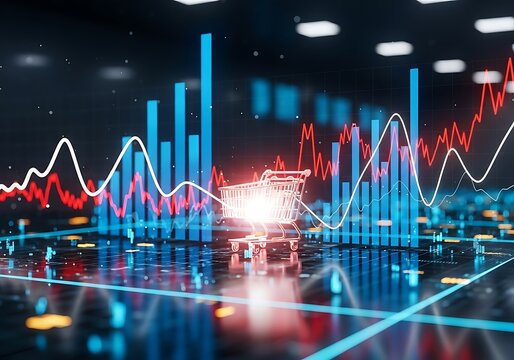 Stock market chart with shopping cart, indicating online retail trends.