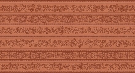 A seamless pattern of ornate, repeating decorative borders in a warm, earthy terracotta color.