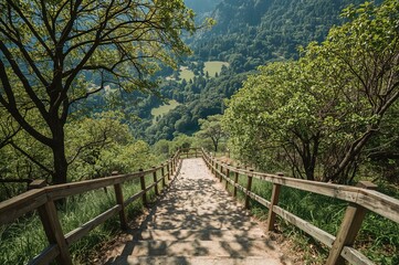Fototapeta premium Ascending steps leading down to a lush valley
