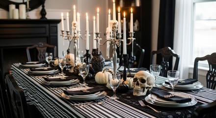 Spooky Halloween Dinner Party Table Setting with Candles and Skulls