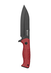 Robust tactical combat blade, matte black with crimson textured handle, vertical on transparent studio background, ample copy space, modern military utility design concept