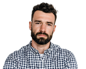 Obraz premium PNG portrait of a man wearing a checkered shirt, facing forward against
