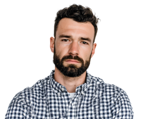 PNG portrait of a man wearing a checkered shirt, facing forward against
