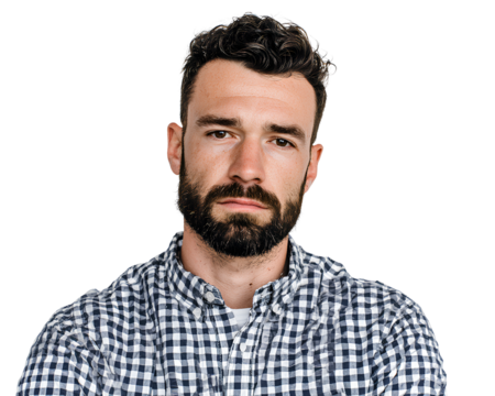PNG portrait of a man wearing a checkered shirt, facing forward against