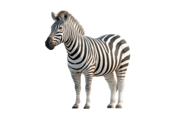 Majestic zebra standing on white background with distinctive black and white stripes, cut out