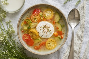 Chilled vegetable and yogurt soup perfect for summer. Classic cold soup okroshka. Overhead shot