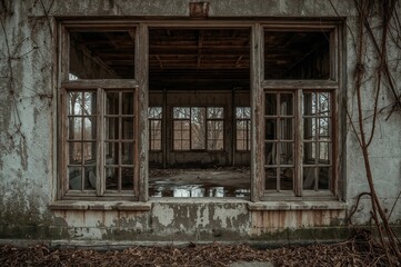 The aged wooden window frames of a deserted structure look like something from a scary film.