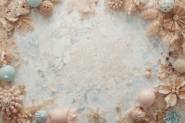 Decorative sequins in vintage hues on a white textured surface with shimmering gold glitter