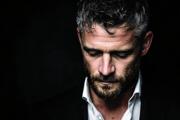 Portrait of a thoughtful man against a dark background.