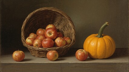 Still life featuring apples alongside a pumpkin