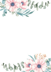 Anemone and Eucalyptus Card Template. Vertical Square Frame, border with dry yellow Tansy and Spikelets of Wheat or Rye. Watercolor Hand drawn botanical illustration. For greeting cards, wedding