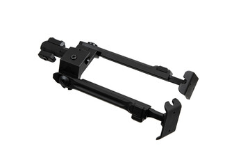 A low-angle view of a collapsed black metal bipod for a firearm, isolated on a clean white back