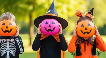 Three Children Dressed for Halloween Holding Pumpkin Buckets