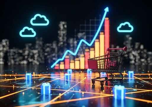 Shopping cart with growth chart and city background, symbolizing e-commerce growth.