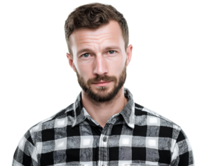 portrait of a man wearing a checkered shirt, facing forward against
