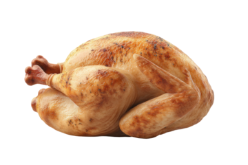 Golden roasted whole chicken on black background with crispy skin and juicy texture, cut out