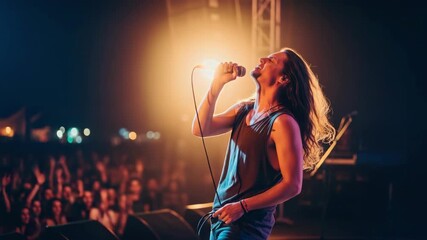 Energetic rock concert singer with long hair performing on stage. Male vocalist singing into microphone during live music show.  Passionate rock music performance for concert posters and social media.