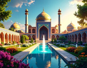 Grand mosque, lush gardens, serene courtyard