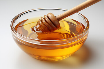 Delicious golden honey in a clear bowl with wooden dipper