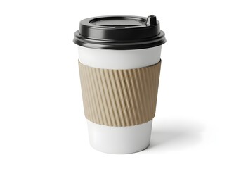 White disposable coffee cup with black lid and sleeve isolated on white background