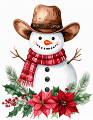 Charming cowboy snowman adorned with Christmas decorations, wearing a hat and scarf, brings festive cheer and warmth during the holiday season
